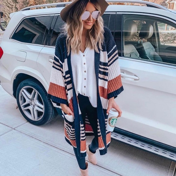 Shop_Fig Sweaters - New Cozy Stripe Long Cardigan Sweater Coat